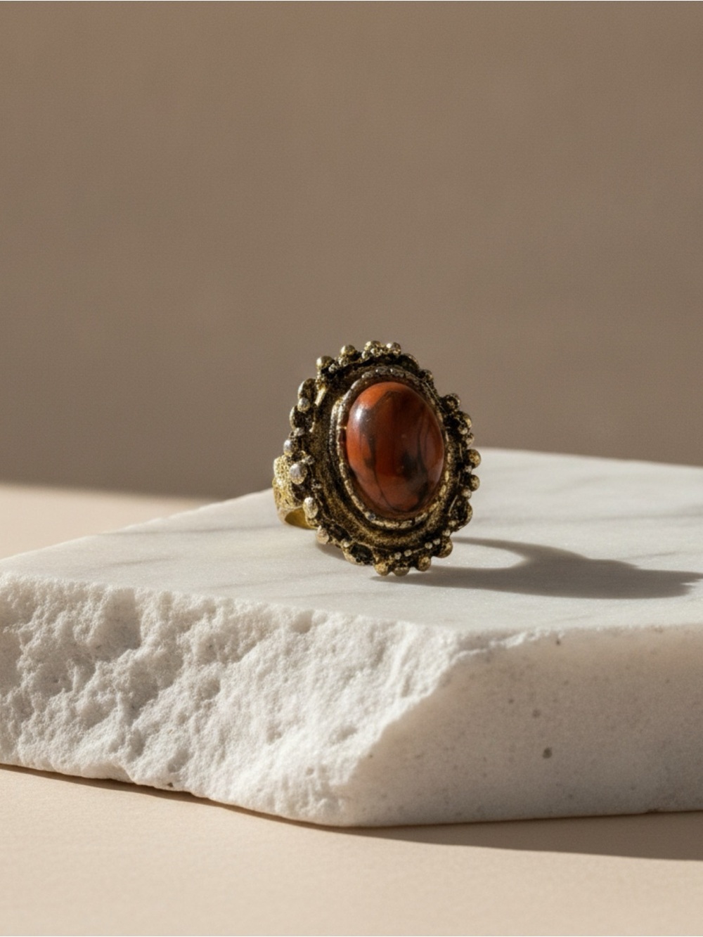 Vintage Gilt Brutalist Style Ring  Faux Jasper Glass Cabochon and Engraved Band